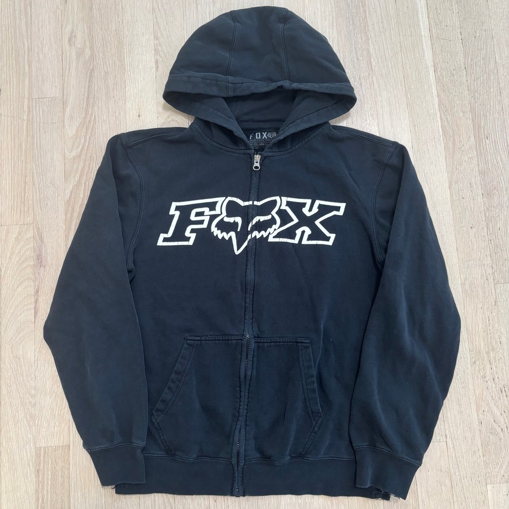 Fox Racing Zip Up Hoodie Mens Medium Black Good Condition Logo Sweatshirt